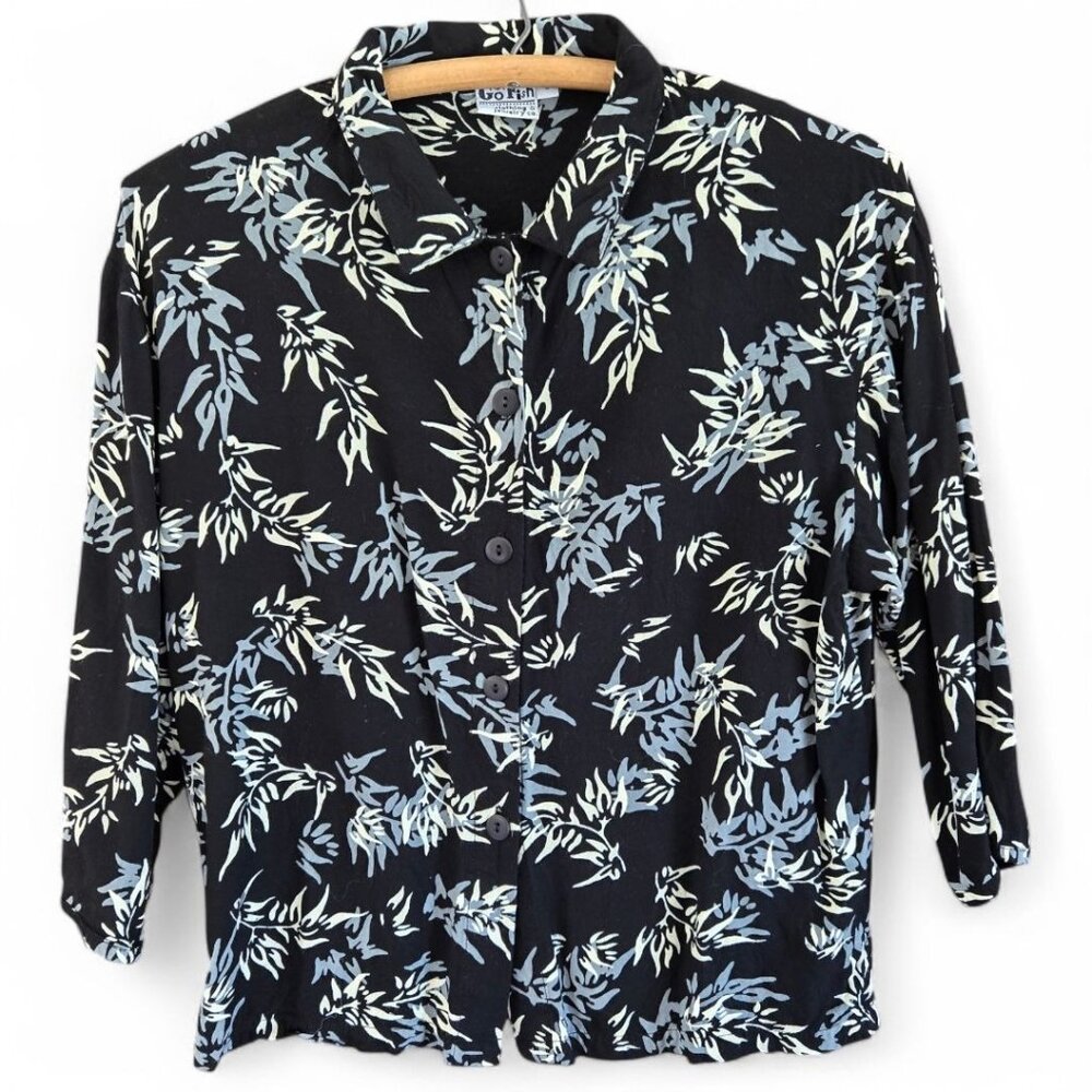 Go Fish Handmade Womens Floral Button Up Shirt Black White Rayon Small